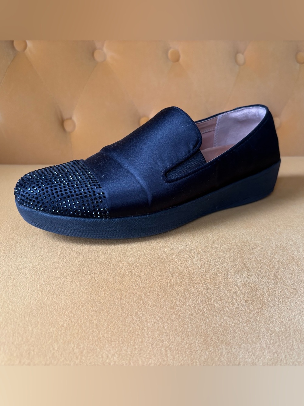 Fit Flop Black Satin Loafers with Crystal Studded Toe
